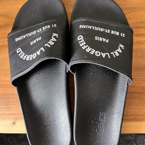 Karl Lagerfeld Black Slide Sandals with White Accents